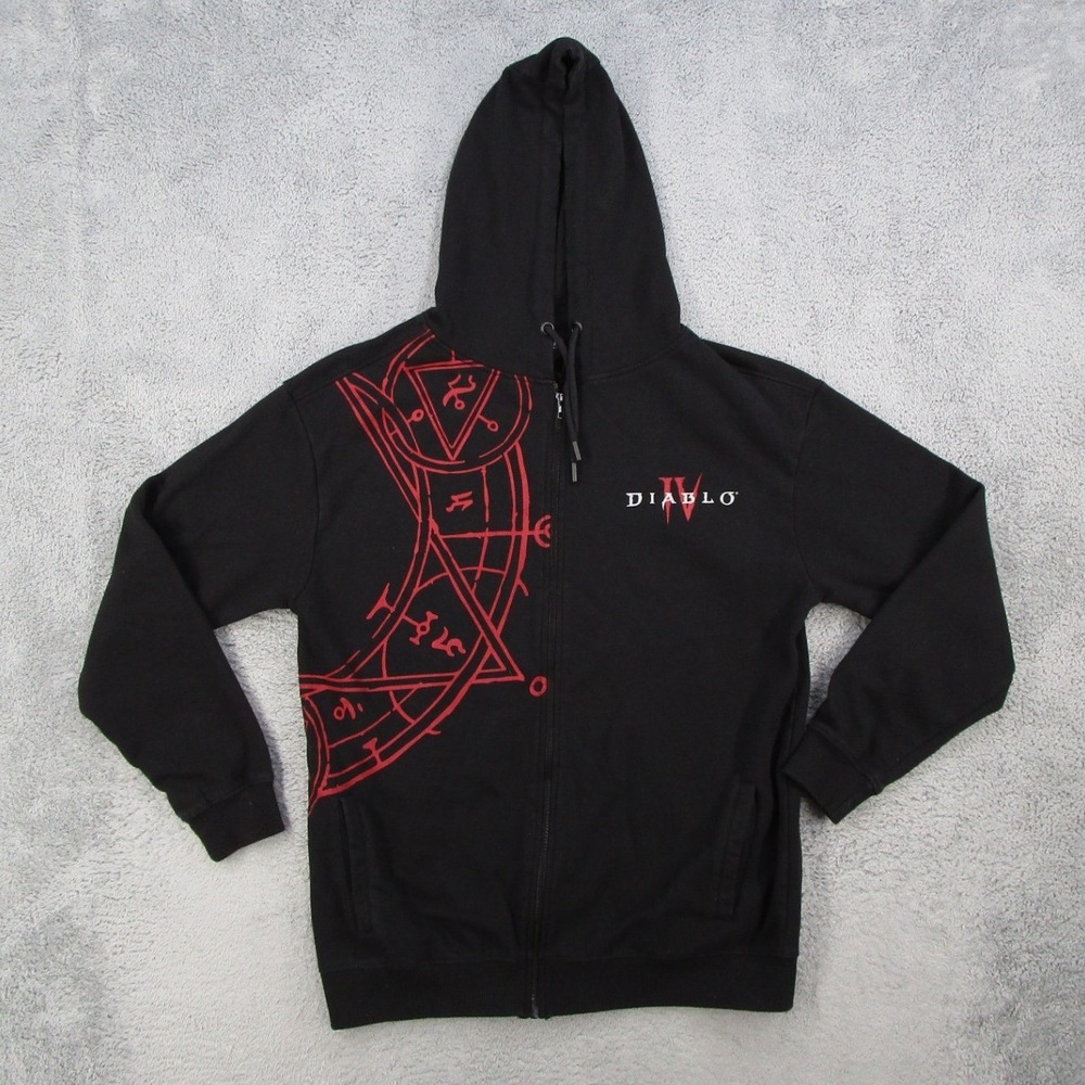 Blizzard Diablo IV Zip Up Hoodie Mens Medium Black Red Graphic Logo Sweatshirt